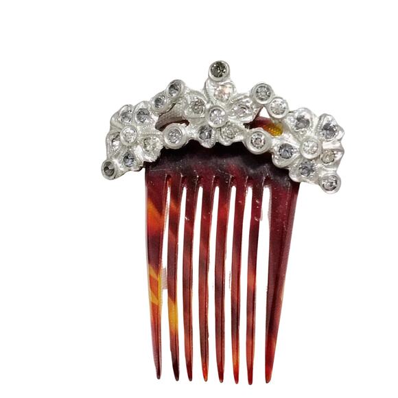 1920s Comb Tortoise Shell Celluloid Metal Gemstone Flower Adorned Hair Accessory main image 9